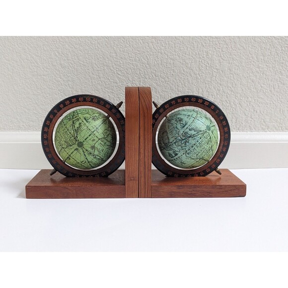 Vintage Mid Century Globe Bookends Wood Old World Map Library Office Study Decor - Picture 2 of 12